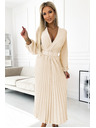 numoco 504-7 VIVIANA Плисирана миди рокля с V-образно деколте, дълъг ръкав и широк колан - светло бежово
