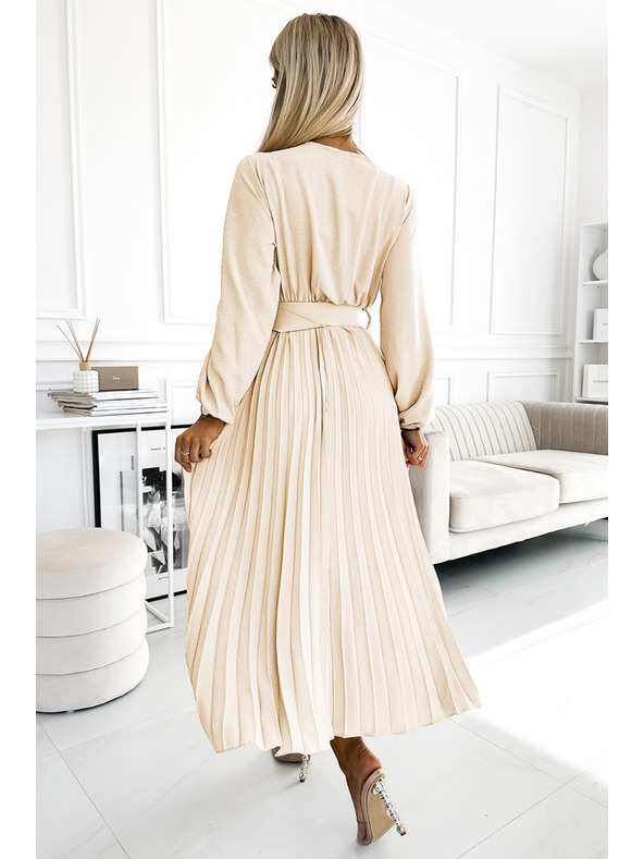 numoco 504-7 VIVIANA Плисирана миди рокля с V-образно деколте, дълъг ръкав и широк колан - светло бежово
