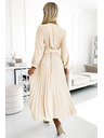 numoco 504-7 VIVIANA Плисирана миди рокля с V-образно деколте, дълъг ръкав и широк колан - светло бежово