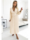 numoco 504-7 VIVIANA Плисирана миди рокля с V-образно деколте, дълъг ръкав и широк колан - светло бежово