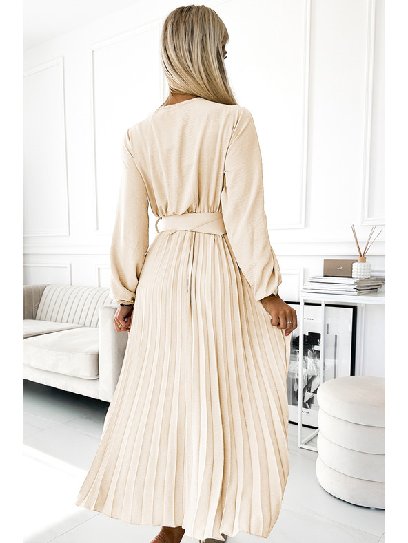 numoco 504-7 VIVIANA Плисирана миди рокля с V-образно деколте, дълъг ръкав и широк колан - светло бежово