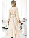 numoco 504-7 VIVIANA Плисирана миди рокля с V-образно деколте, дълъг ръкав и широк колан - светло бежово