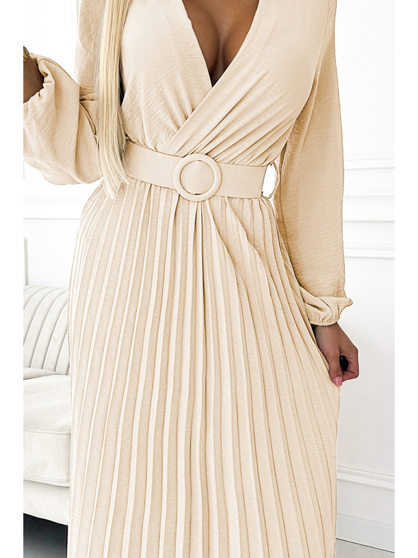 numoco 504-7 VIVIANA Плисирана миди рокля с V-образно деколте, дълъг ръкав и широк колан - светло бежово