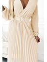 numoco 504-7 VIVIANA Плисирана миди рокля с V-образно деколте, дълъг ръкав и широк колан - светло бежово