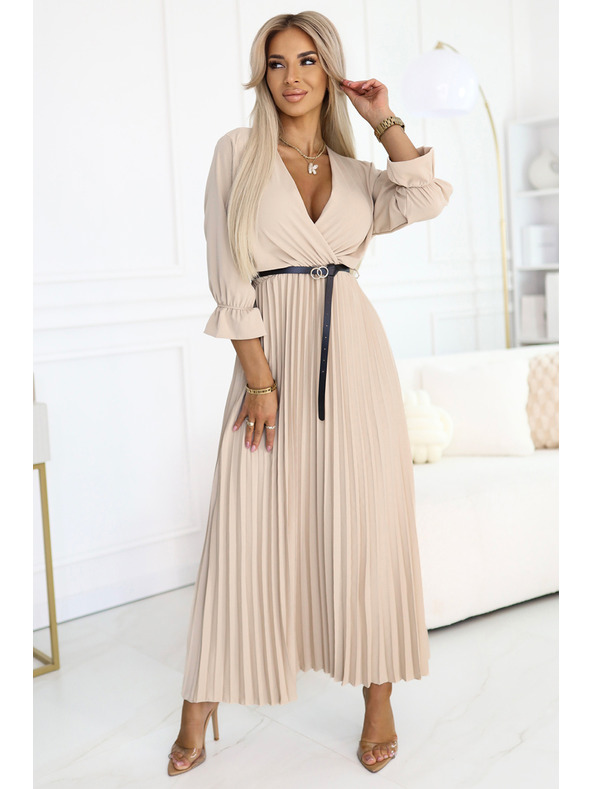 numoco 462-5 SERENA Плисирани макси рокли с деколте, колан и 3/4 ръкави - ТЪМНОБЕЖОВИ