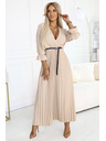 numoco 462-5 SERENA Плисирани макси рокли с деколте, колан и 3/4 ръкави - ТЪМНОБЕЖОВИ