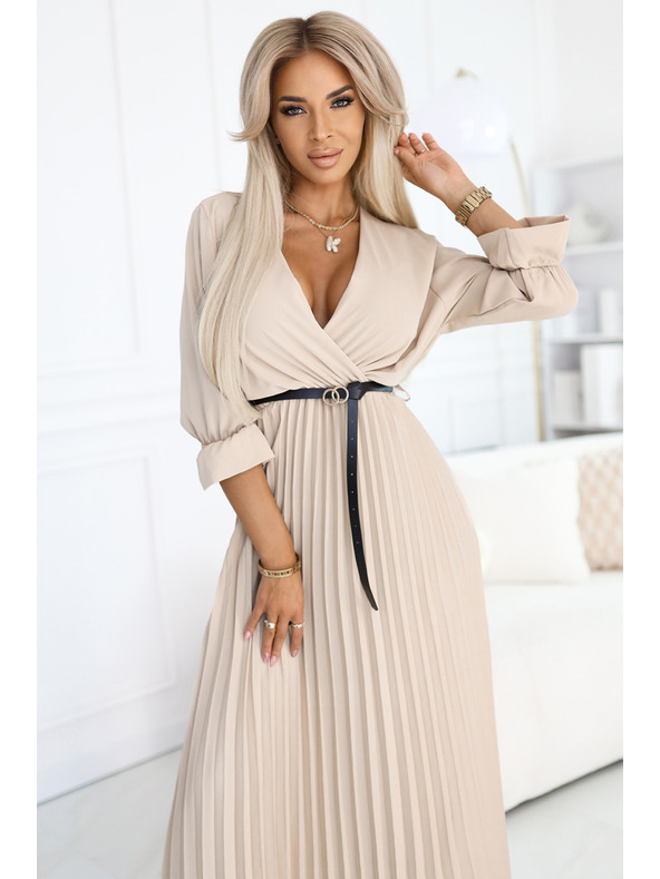 numoco 462-5 SERENA Плисирани макси рокли с деколте, колан и 3/4 ръкави - ТЪМНОБЕЖОВИ
