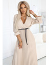 numoco 462-5 SERENA Плисирани макси рокли с деколте, колан и 3/4 ръкави - ТЪМНОБЕЖОВИ