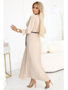 numoco 462-5 SERENA Плисирани макси рокли с деколте, колан и 3/4 ръкави - ТЪМНОБЕЖОВИ