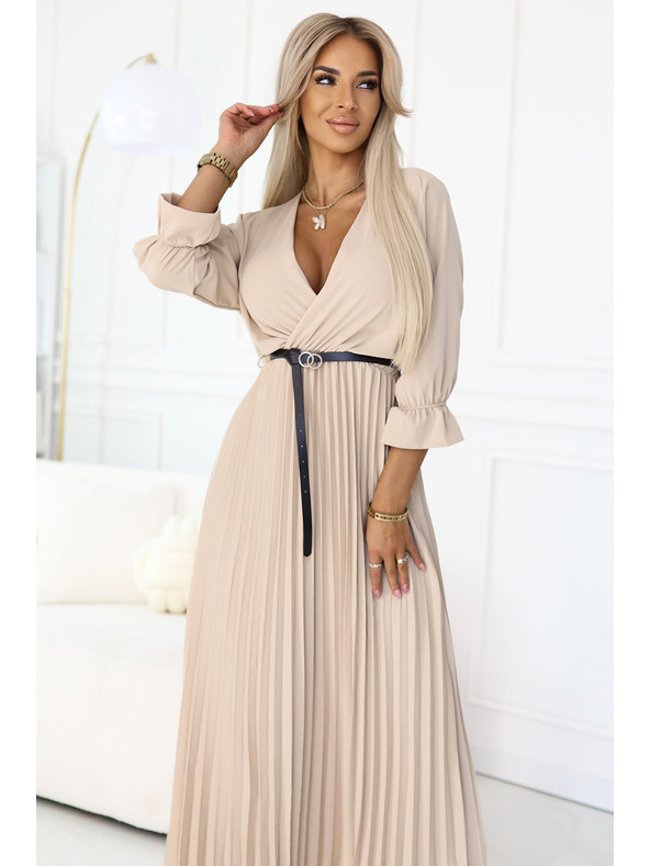 numoco 462-5 SERENA Плисирани макси рокли с деколте, колан и 3/4 ръкави - ТЪМНОБЕЖОВИ
