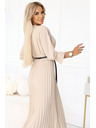 numoco 462-5 SERENA Плисирани макси рокли с деколте, колан и 3/4 ръкави - ТЪМНОБЕЖОВИ