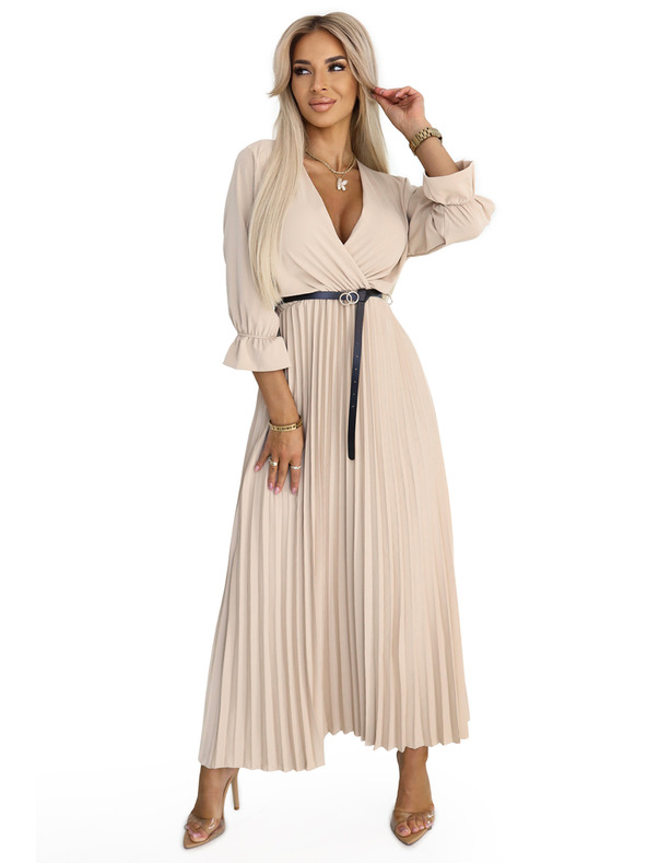 numoco 462-5 SERENA Плисирани макси рокли с деколте, колан и 3/4 ръкави - ТЪМНОБЕЖОВИ
