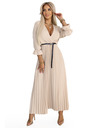 numoco 462-5 SERENA Плисирани макси рокли с деколте, колан и 3/4 ръкави - ТЪМНОБЕЖОВИ
