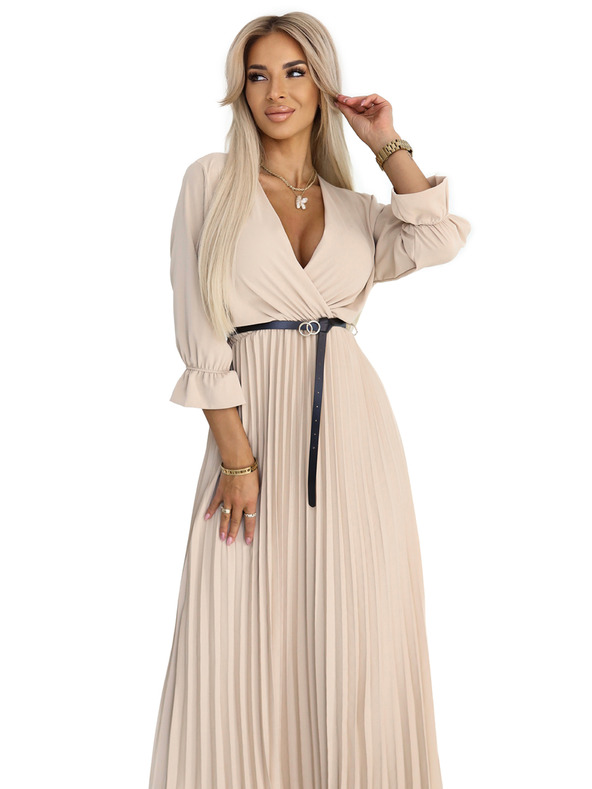 numoco 462-5 SERENA Плисирани макси рокли с деколте, колан и 3/4 ръкави - ТЪМНОБЕЖОВИ