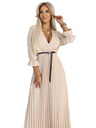 numoco 462-5 SERENA Плисирани макси рокли с деколте, колан и 3/4 ръкави - ТЪМНОБЕЖОВИ