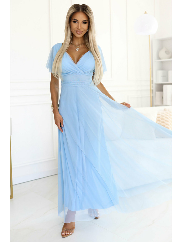 numoco 562-5 NASTIA Дълга рокля с деколте и къс ръкав - светлосиня