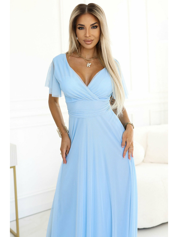numoco 562-5 NASTIA Дълга рокля с деколте и къс ръкав - светлосиня