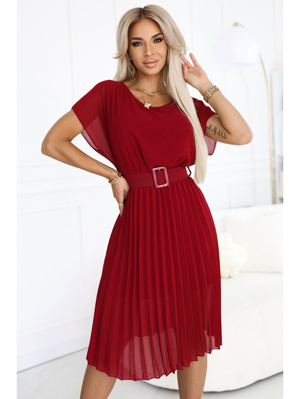 numoco 465-5 MIA Плисирана шифонена миди рокля с широк колан - виненочервена