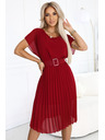 numoco 465-5 MIA Плисирана шифонена миди рокля с широк колан - виненочервена