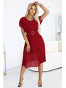 numoco 465-5 MIA Плисирана шифонена миди рокля с широк колан - виненочервена