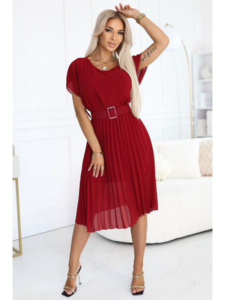 numoco 465-5 MIA Плисирана шифонена миди рокля с широк колан - виненочервена