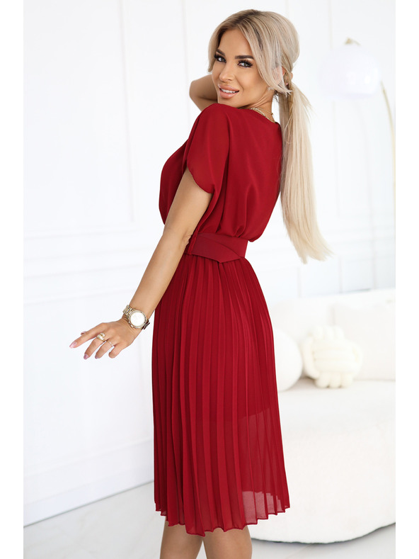 numoco 465-5 MIA Плисирана шифонена миди рокля с широк колан - виненочервена