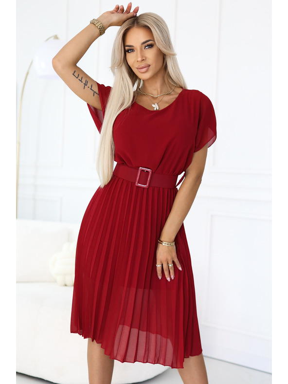 numoco 465-5 MIA Плисирана шифонена миди рокля с широк колан - виненочервена