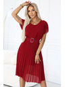 numoco 465-5 MIA Плисирана шифонена миди рокля с широк колан - виненочервена