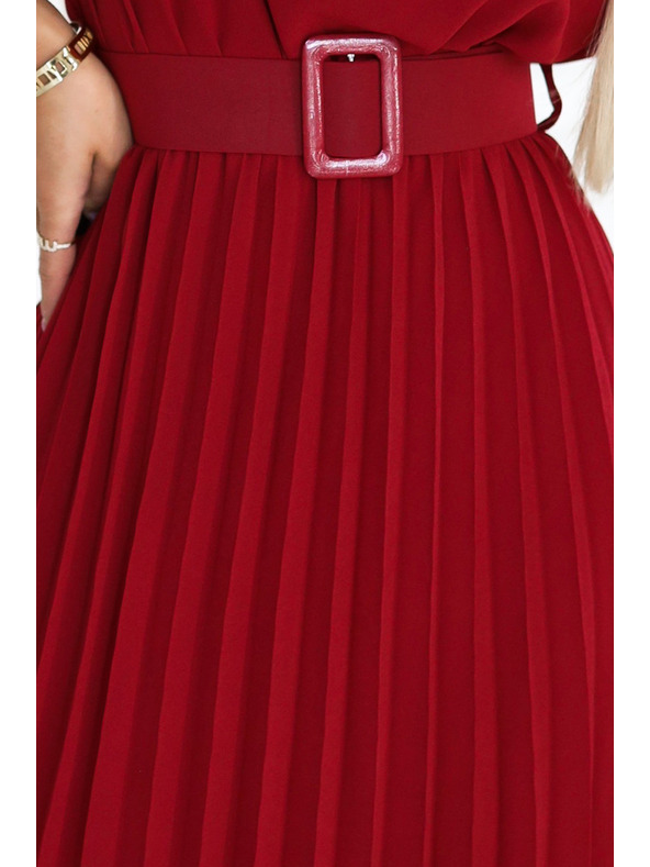 numoco 465-5 MIA Плисирана шифонена миди рокля с широк колан - виненочервена