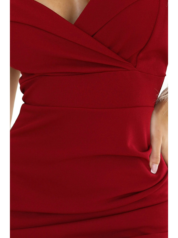 numoco 564-8 CALLIE Миди рокля с деколте на рамене - виненочервена