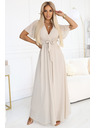 numoco 545-3 Дълга рокля с плисиран деколте и връзване - бежова