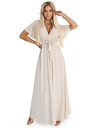 numoco 545-3 Дълга рокля с плисиран деколте и връзване - бежова