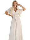 numoco 545-3 Дълга рокля с плисиран деколте и връзване - бежова