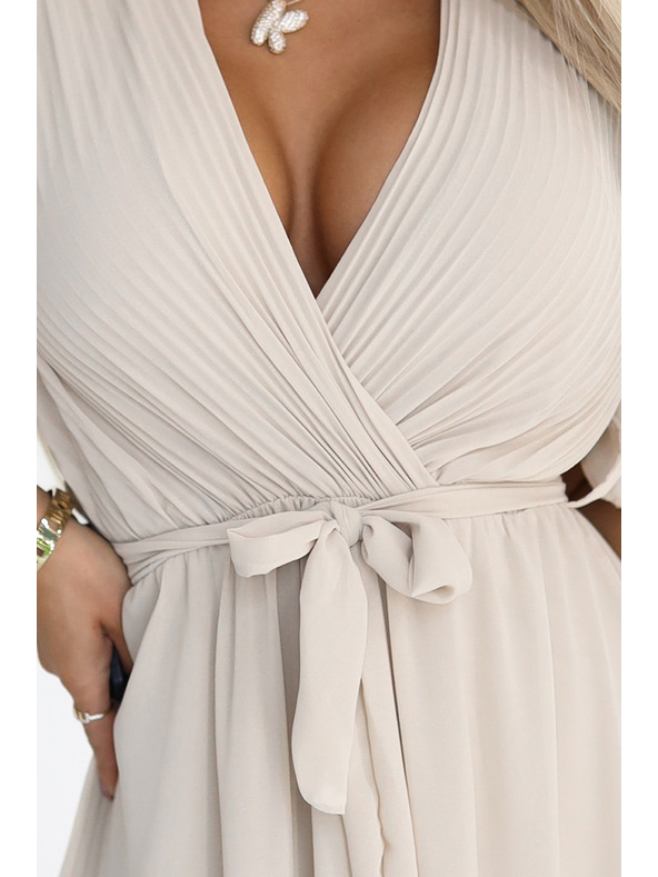 numoco 545-3 Дълга рокля с плисиран деколте и връзване - бежова