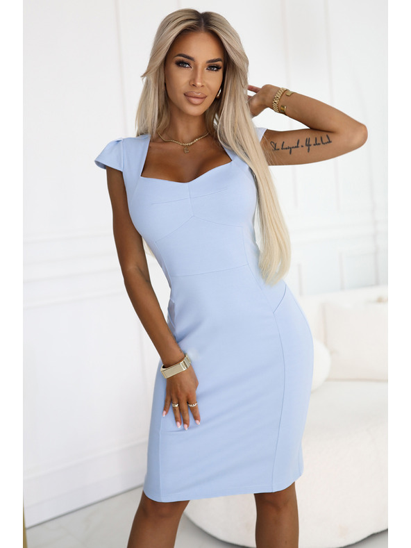 numoco 318-8 Елегантна миди рокля с красиво деколте - светлосиня