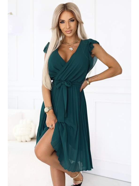 numoco 374-8 POLINA Плисирана рокля с деколте и волани - зелена
