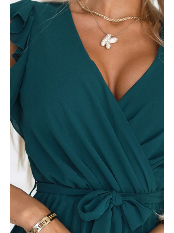 numoco 374-8 POLINA Плисирана рокля с деколте и волани - зелена