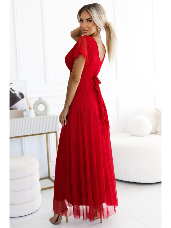 numoco 562-7 NASTIA Дълга рокля с деколте и къс ръкав - червена