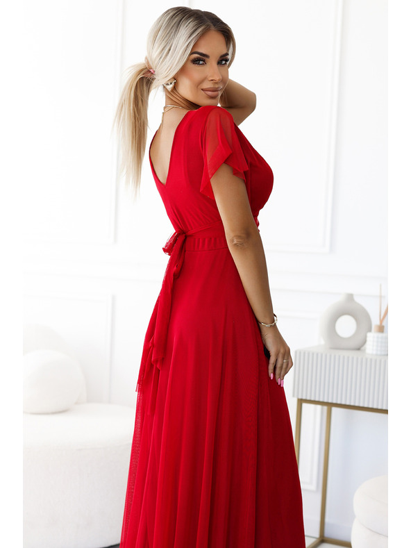 numoco 562-7 NASTIA Дълга рокля с деколте и къс ръкав - червена