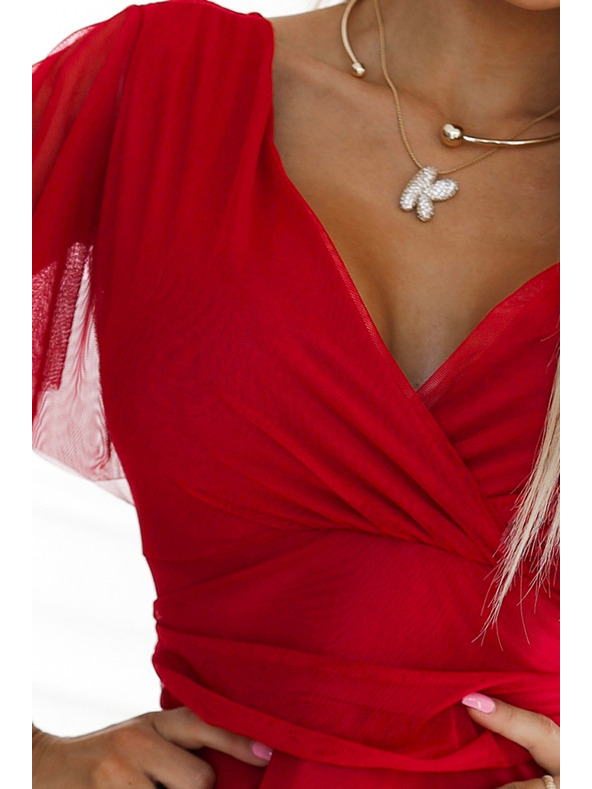 numoco 562-7 NASTIA Дълга рокля с деколте и къс ръкав - червена