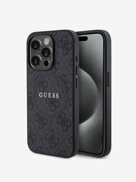 Guess PU Leather 4G Colored Ring MagSafe Zadní Kryt pro iPhone 15 Pro Black Калъф за телефон