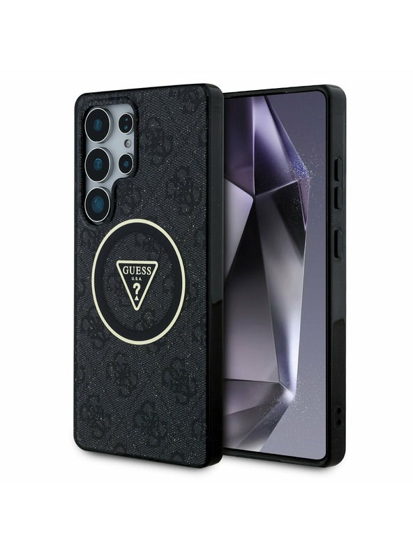 Guess IML 4G Glitter and Triangle Logo MagSafe Zadní Kryt pro Samsung Galaxy S25 Ultra Black Калъф за телефон