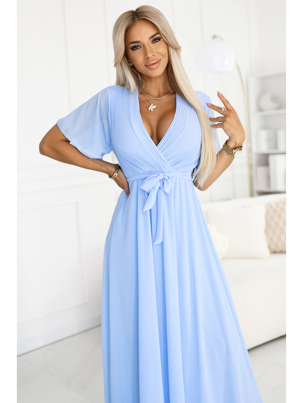 numoco 545-2 Дълга рокля с плисирано деколте и връзване - светлосиня