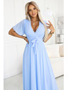 numoco 545-2 Дълга рокля с плисирано деколте и връзване - светлосиня