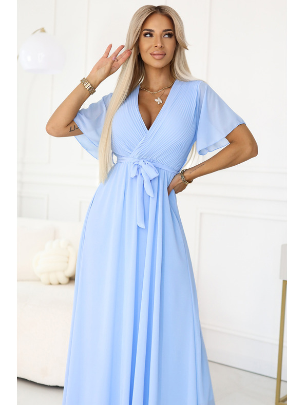 numoco 545-2 Дълга рокля с плисирано деколте и връзване - светлосиня