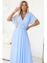 numoco 545-2 Дълга рокля с плисирано деколте и връзване - светлосиня