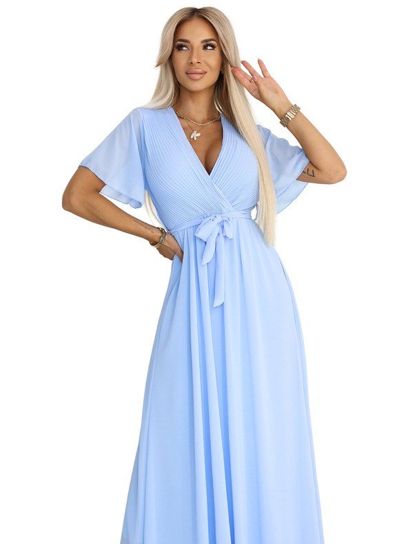numoco 545-2 Дълга рокля с плисирано деколте и връзване - светлосиня