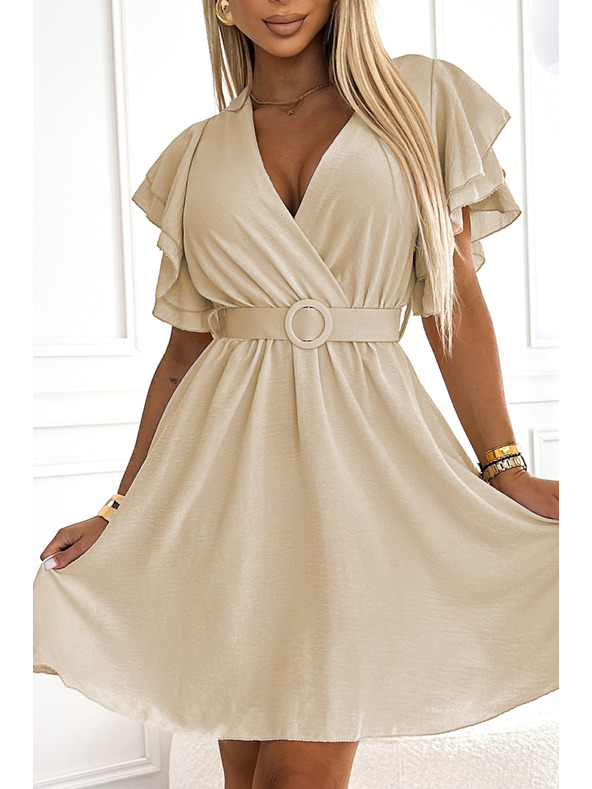 numoco Дамска рокля с плик деколте, ръкави и колан - бежова