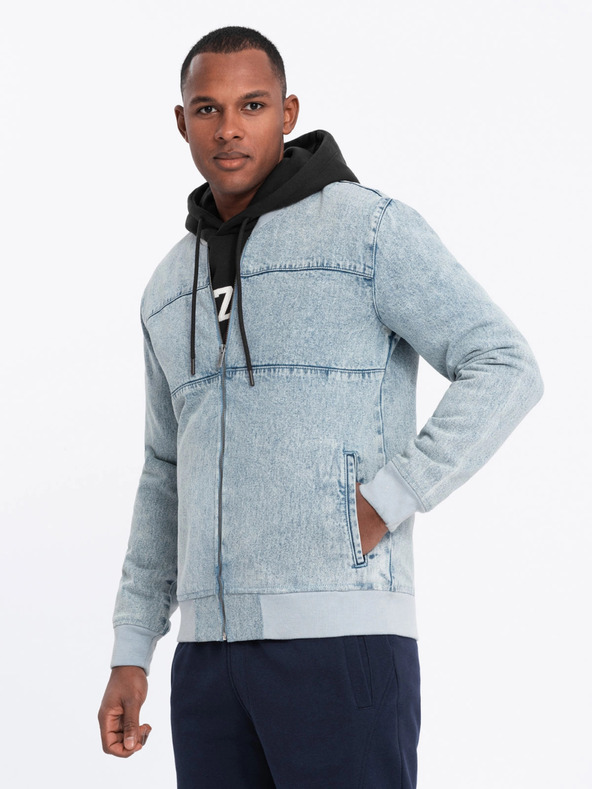 Ombre Clothing Мъжко яке бомбър от деним с ефект "stone wash" - светлосиньо V3 OM-JADJ-0163 Ombre Clothing