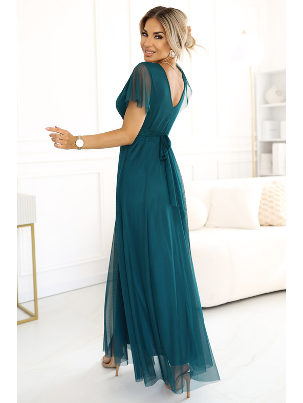 numoco 562-4 NASTIA Дълга рокля с деколте и къс ръкав - зелена